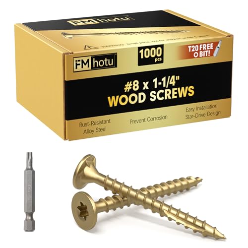 Image of #8 x 1-1 /4 inch Deck Screws, 1000Pcs Star Drive Wood Screws, Rust Resistant Timber Screws for Timber /Log /Landscaping Wood, T20 Star Bit Included, Gold