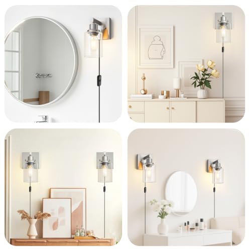 Image of Plug in Wall Sconces Set of 2, Modern Corded Wall Sconce, Bedroom Wall Sconces with Clear Glass, Wall Decor Set of 2 Brushed Nickel Wall Lamps for Bedroom Living Room