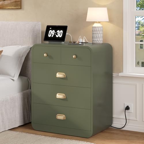 UPOSOJA Large 5 Drawer Curved Dresser,Built-in Charging Station,Nightstand for Bedroom