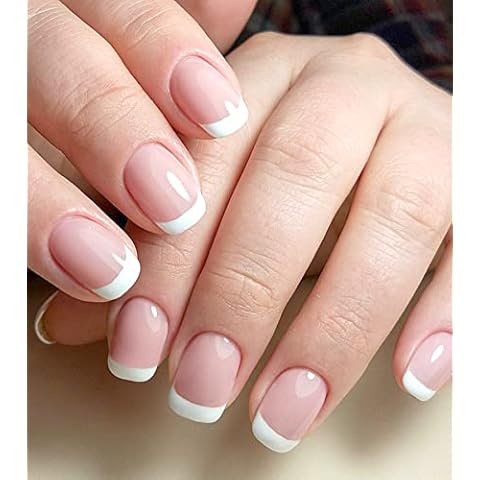 Morily Press on Nails Short, Pink French Tip Squoval Fake False Nails Glossy Square Shaped Stick on Nails for Women in 12 Sizes - 24Pcs Nail Kit Cover