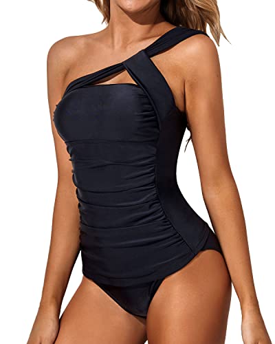Tempt Me Black Two Piece Tankini Bathing Suits For Women One Shoulder Swim Top With Shorts Swimsuits Xs #TOP3