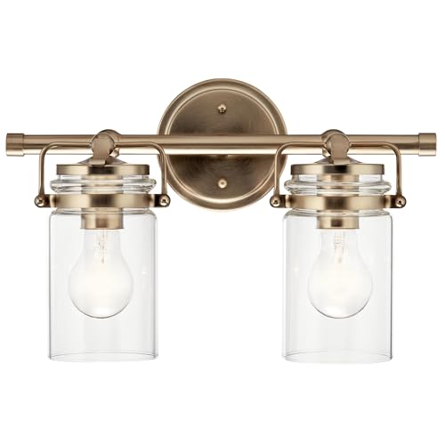 Image of Kichler Brinley 2-Light Bathroom Vanity Light Fixture 15.75 in Industrial Farmhouse with Clear Glass in Champagne Bronze for Mirror Over Sink (15.75 x 10.25 x 6.75 in), 45688CPZ