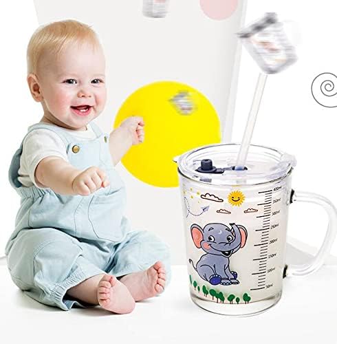 Miniatura 5 de Vaso de paja para niños con tapa y asa, bonito vaso de vidrio de 12 onzas con escala para agua, té, café con leche (elefante)