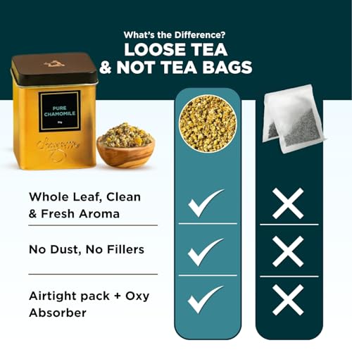 Image of CHAYAM Chamomile Infusion - 30g Loose Tea | Pure Whole Chamomile Flowers Dried | Calming Bedtime Herbal Infusion | For Sleep & Stress Relief | Caffeine-Free | Premium Tin Caddy | Herbal Infusion