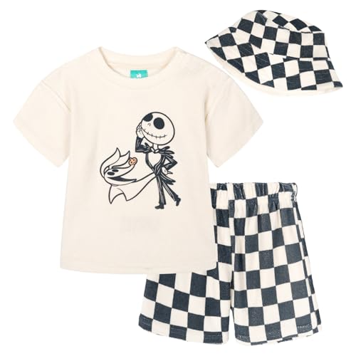 Disney Nightmare Before Christmas Baby Boys Short Sleeve Graphic Tee and Allover Print Shorts Outfit with Sun Hat Jack Zero Cream 6-9 Months