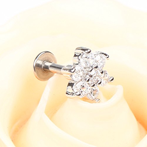 Bodya 3Pcs 16G 7Mm Cubic Zirconia Flower Lip Rings Labret Nose Studs Helix Round Shape Stud Earring Body Piercing Jewelry Three Tone #TOP4