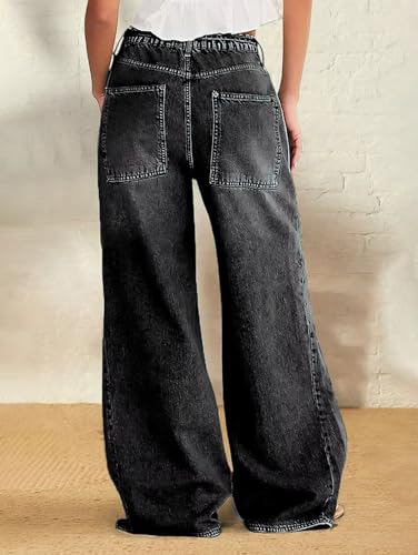 Flamingals Wide Leg Jeans for Women Drawsting Mid Waist Baggy Jeans Belted Wash Stitch Detai Trouser Jeans2