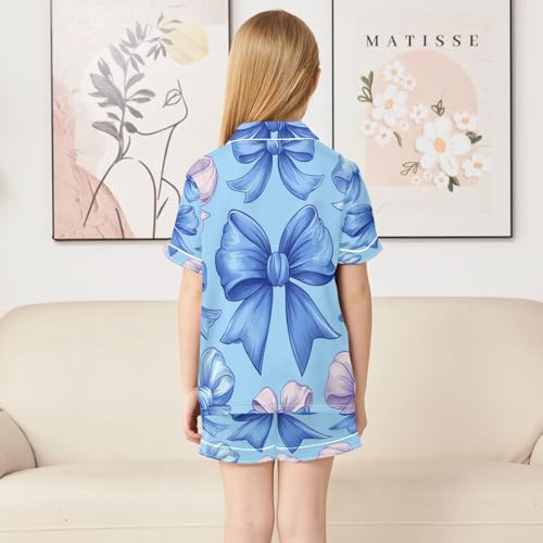 Satin Pajama Sets Short Sleeve Blue and Pink Bows Button Down Silky Nightwear 2 Piece PJS 5-14Y4