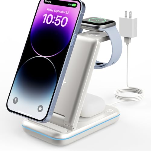 Wireless Charging Station: GEEKERA 3 in 1 Foldable Wireless Charger Stand for iPhone 17 16 15 14 13 12 11 Pro Max/X/8, Charging Station for Apple Watch Ultra/11/10/9/SE/8/7/6/5/4/2, AirPods 2/3/Pro