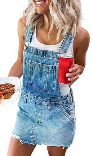 WANGHAIPING 2025 Damen-Jeans-Latzhose, ärmellos, gerissen, verstellbarer Riemen, kurzes Jeans-Latzkleid (Blau, Größe L)