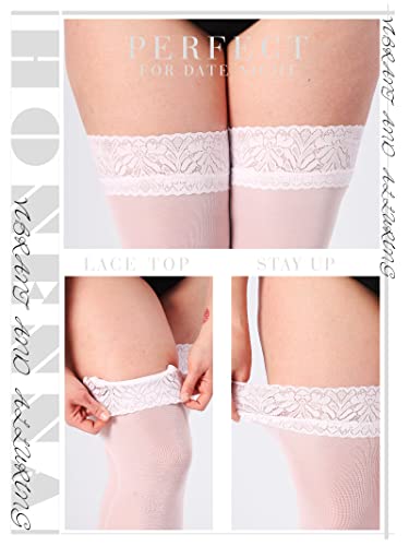 Image of HONENNA Plus Size Thigh High Stockings, Semi Sheer Stay Up Lingerie Lace Top Pantyhose for Curvy Women
