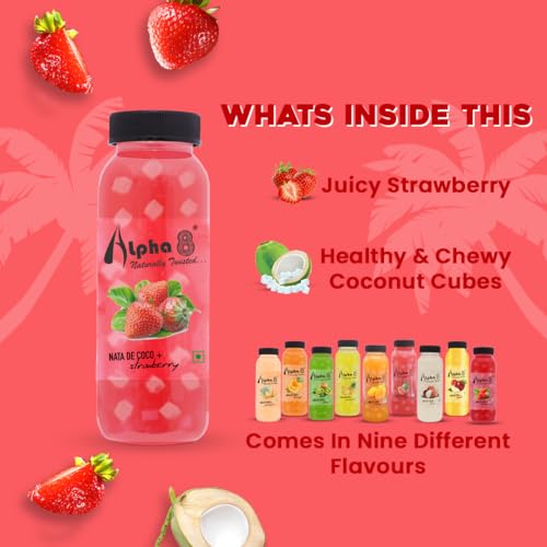 Image of ALPHA 8 FRUIT Juice with NATA De Coco Coconut Cubes Natural Energizer & Immunity Booster, Healthy Juice, High Fiber, Real Natural Taste (Strawberry Pack of 12)