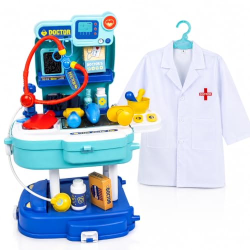 Image of Kids Doctor Play Set with Doctor Coat | 32-Piece Pretend Clinic Kit with Stethoscope, 2 in 1 Suitcase | Educational Medical Role Play Toy for Boys Girls Age 2-8 Years | White