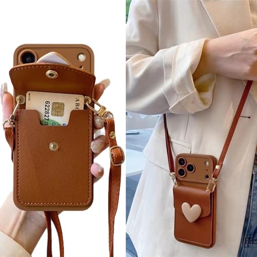 SGVAHY for iPhone 17 Pro Max Case with Strap Card Holder Crossbody Lanyard Cute Phone Wallet Case for Women Girls Brown Heart Design Leather Purse Soft Silicone Cover for iPhone 17 Pro Max