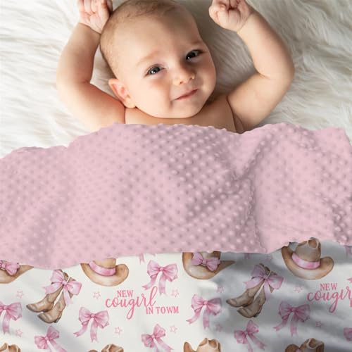 Image of Mink Baby Girl Blanket Western New Cowgirl in Town, Pink Bow Ribbon Boot Hat Soft Double Layer Dotted Backing Receiving Swaddle, Newborn Infant Toddler Nursery Crib Bedding Shower Gift 30 x 40