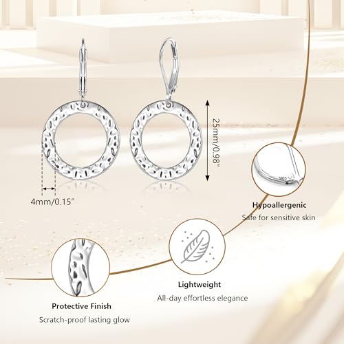 ALEXCRAFT 925 Sterling Silver 14K Gold Dangle Earrings for Women, Hypoallergenic Drop Handmade Hammered Circle Round Earring Leverback Dangling Minimalist Earings4