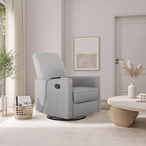 Image of Evolur Raleigh Glider with Massager in Charcoal, Upholstered Plush Seating 360 Swivel Glider Rocking Chair, FSC Certified, Greenguard Gold & JPMA Certified Nursery Glider Recliner