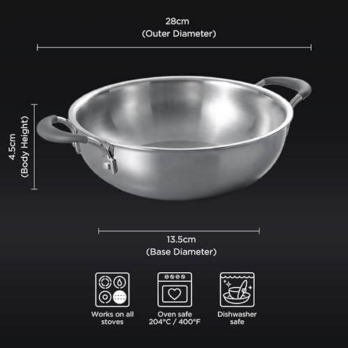 Image of Meyer Trivantage Pro Stainless Steel Triply Kadai | Steel Kadhai with Lid | Stainless Steel Cookware with Induction Base | 28cm /4.9L