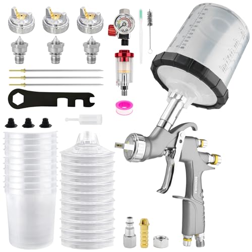 D1 LVLP Pistolet à Peinture avec 3 Buses 1,3mm 1,5mm 1.7mm et Bol Mélangeur 600 ML, Pistolet à Peinture pour Voitures avec Accessoires de pulvérisateur de...