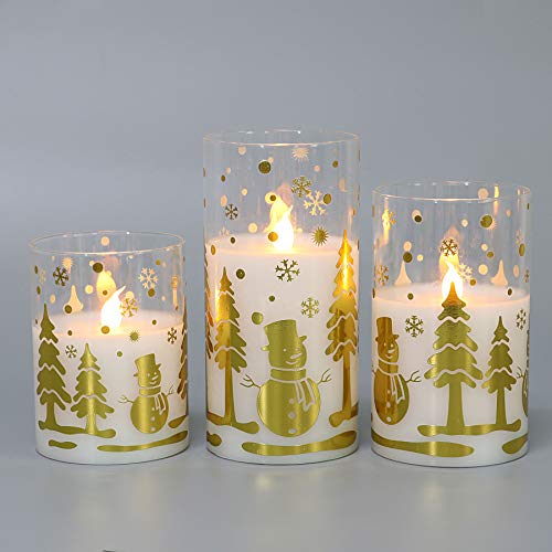 Gold Snowman Design Glass Battery Operated Flameless LED Candles with 6H Timer, Warm White Light, Batteries Included - Set of 3