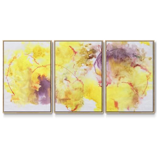 Renditions Gallery Abstract Wall Art Pink Yellow Flowers Painting Modern Colorful Floral Artwork Canvas Prints Wall Decorations for Bedroom and Bathroom-Natural Floater Frame-26”x40”x3 Panels, LS014