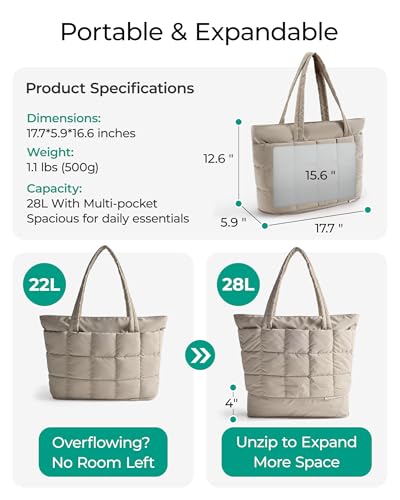 Image of BAGSMART Expandable Tote Bag for Women, Puffer Work Tote Handbag, Quilted Carry On Bag for Travel Gym