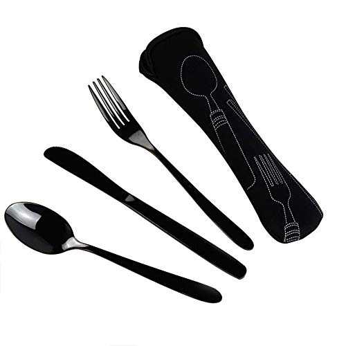 Ucake Negro Funda Cubiertos para Llevar Camping Trabajo Picnic Acampada con una Bolsa Negra Acero Inoxidable, 3 Piezas para 1 Persona Cover
