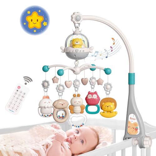Baby-Krippe Mobile mit Musik und Licht, Projektor-Funktion ＆ Fernbedienung, musikalische Kindergarten hängende Handy für Säuglinge Neugeborenes Geschenk 0-12 Monate, Babys Bassinet Mobile Clip On
