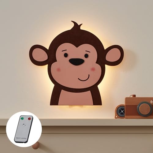 Lights4fun Battery Operated Dimmable LED Monkey Wall Light Children's Bedroom Nursery Decoration with Remote and Timer 25cm