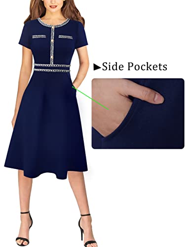 Image of VFSHOW Womens Buttons Pockets Office Business A-Line Dresses Short Sleeve Work Crew Neck Tweed Trim Fit and Flare Swing Dress