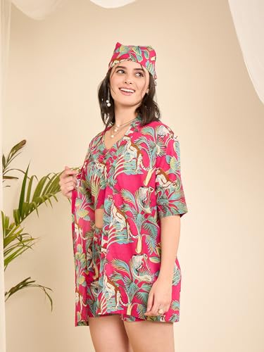 Image of WineRed Cotton Woman Beige 3Pcs Coord Set With Shorts, Floral