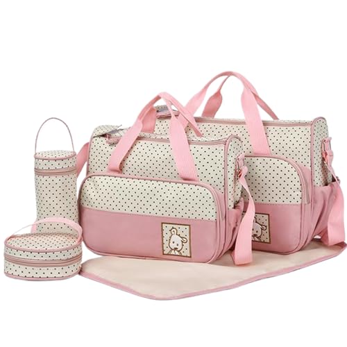 Image of Baby Diaper Bags, 5pcs/set Waterproof Diaper Bag Tote Set with Handbags, Bottle Bag, Small Lunch Bag & Diaper Mat, Portable Baby Diaper Bag for Parents (Pink)