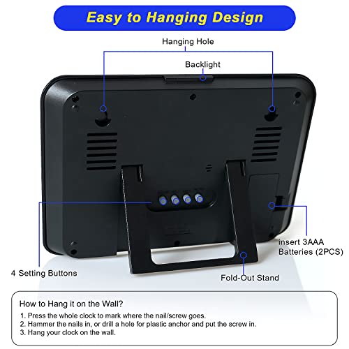 Ocest 6” Lcd Large Display Digital Wall Clock, Big Digits Desk Clock With Indoor Temperature Humidity, Multifunction Date, Backlight, Hourly Chime, Snooze Alarm Clock For Elders, Bedroom, Home, Office #TOP4