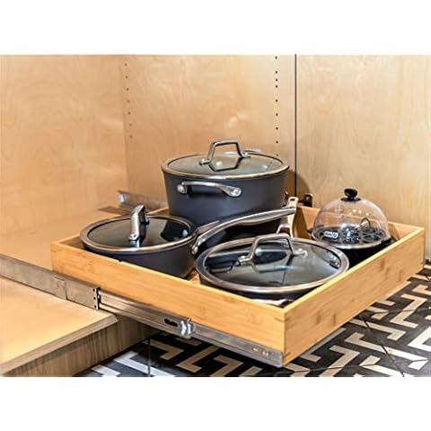 Pull Out Cabinet Drawer Organizer, Sliding Bamboo Wood Storage Rack Organization, Gliding Cupboard Shelf for Kitchen, Pantry, Slide Out Spice Rack Container Lid Organizer with Dividers, 20”W x 21”D Cover