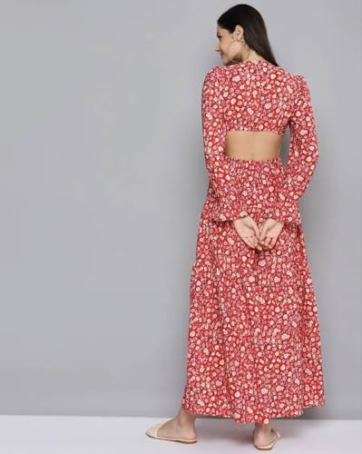 Image of LADILA ENTERPRISE Red Floral Waist Cut-Out Maxi Dress