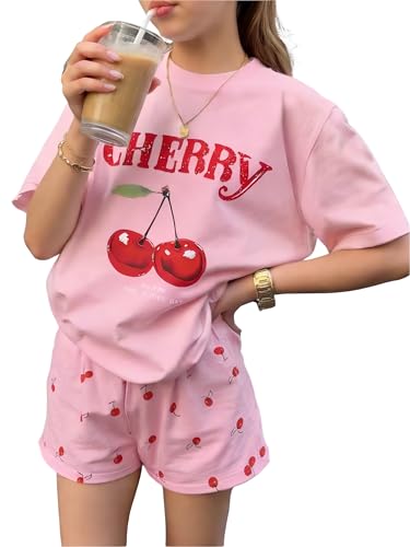 Image of KIDLAGA Girls Two Piece Sets Cherry Pattern Short Sleeve Shirts and Shorts Set With Pockets Girls Summer Outfits Size 7-14