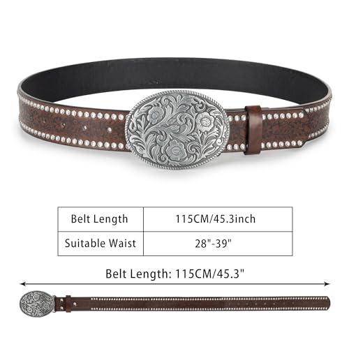 Western-Cowboy-Leather-Belts for Women Rhinestone-Oval-Buckle Embossed Cowgirl Belt for Jeans Pants3