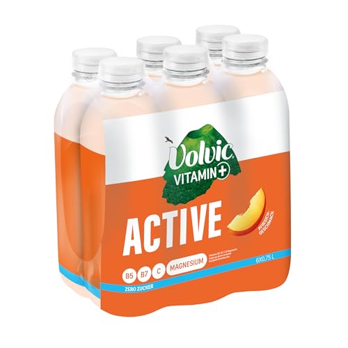 Volvic Vitamin+ Active Pfirsich – Erfrischungsgetränk mit Magnesium und Vitaminen – Ohne Zucker und ohne Kalorien – 6 x 0,75 l