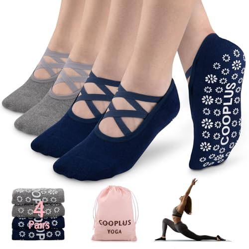 COOPLUS Calcetines de yoga para mujer, antideslizantes, para pilates, ballet, baile, entrenamiento descalzo (4 pares), 2 pares azul marino + 2 pares gris oscuro, Talla única