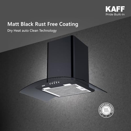 Image of KAFF 60 cm Auto Clean Kitchen Chimney | 1180 m /hr Suction | Dry Heat Auto Clean | Baffle Filter | Curved Black Tempered Glass | Matt Black Finish | LED Light | Soft Push Control | ELFBFDHC60