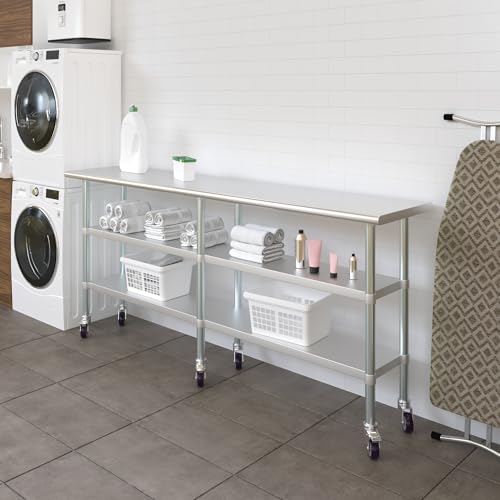 Image of AmGood Stainless Steel Work Table with 2 Shelves and Casters | Metal Utility Table On Wheels (Stainless Steel Work Table with 2 Shelves + Casters, 84 inch Long x 18 inch Deep)