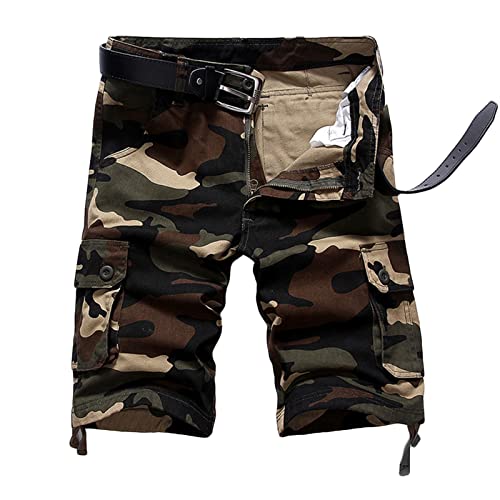 Camo Cargo Shorts for Men Lightweight Multi Pocket Camouflage Shorts Loose Cotton Outdoor Short Pants No Belt (Khaki,36)