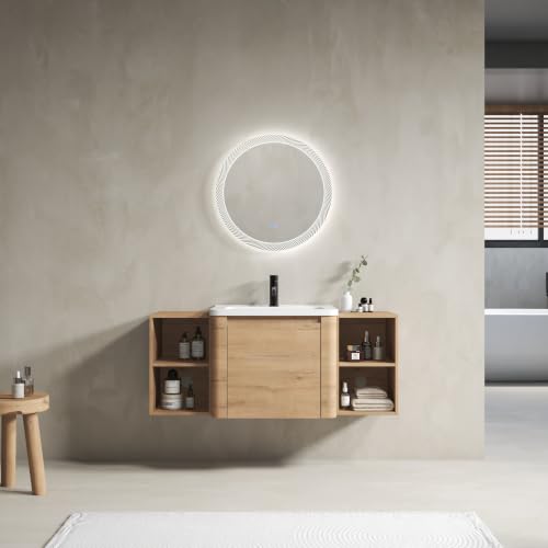roomfitters 48" Nordic Minimalist Imitative Oak Wall-Mounted Bathroom Vanity Floating Storage with Ceramic Sink and Twin Shelves