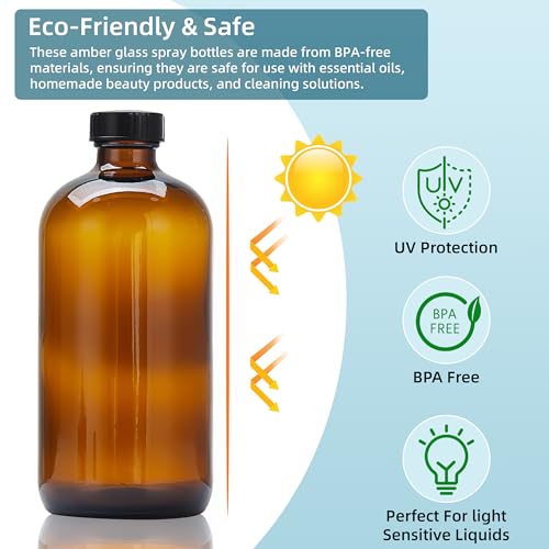2 Pack Empty 16oz Amber Glass Spray Bottles Refillable Spray Bottle for Cleaning Solutions, Essential Oil, Water, Kitchen, Hair, Plant, Pets4