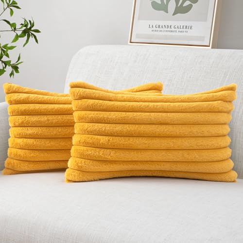 Image of MIULEE Faux Fur Lumbar Throw Pillow Covers 12x20 Set of 2 Mustard Yellow | Vintage Boho Fall Home Decor Soft Plush Couch Pillows Cozy Fluffy Cushion Covers for Sofa Bed Living Room