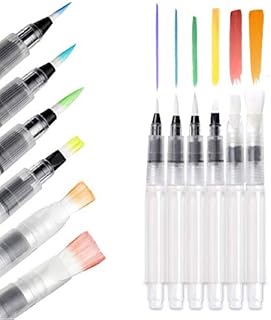 Water Brush Pens Aqua Pen Brushes Refillable Aquash Paintbrush with Water Reservoir Watercolour Paints Water Soluble Pencils Aqua Flow Markers Wash Painting Blending (6 Assorted Tips Set - 1 Set)