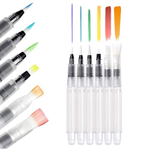 Water Brush Pens Aqua Pen Brushes Refillable Aquash Paintbrush with Water Reservoir Watercolour Paints Water Soluble Pencils Aqua Flow Markers Wash Painting Blending (6 Assorted Tips Set - 1 Set)