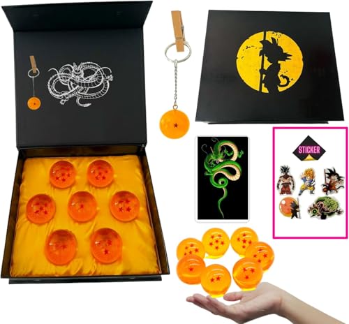 STUDIOJRH Ensemble de 7 Boules de Dragon (1 à 7 Étoiles) avec Boîte Cadeau, Porte-clés, Autocollants et Carte d'Invocation de Shenlong - Idéal pour Les...