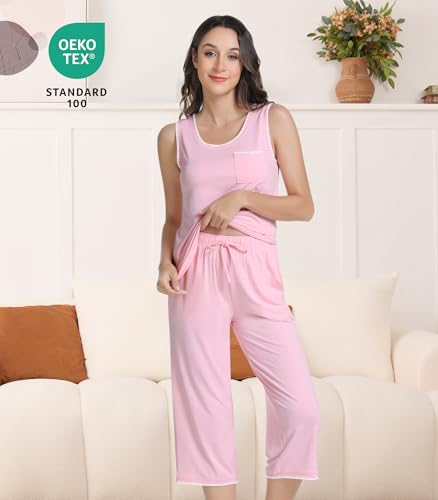 Image of NACHILA Women's Pajamas Set-Viscose Made From Bamboo, Sleeveless Pj Tank Top Capri Pants Soft Sleepwear Cooling Sleep Sets