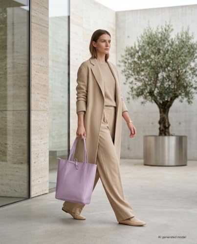 Image of Genuine Italian Leather Tote Bag for Women, Large Slouchy Purse, Lilac | Unstructured bag, raw unlined interior with zip pocket, top zipper, side ties, folds flat, fits a 16-inch laptop, lightweight